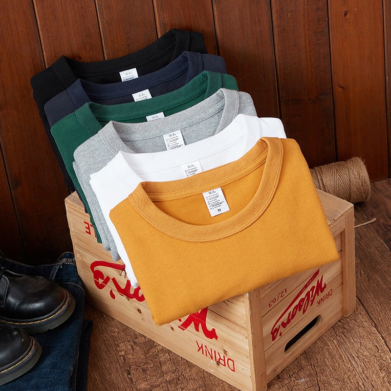 8-Color Heavyweight Japanese-Style Washed 300g Retro Carbon Brushed Solid Color Pure Cotton Men''s T-Shirt British Retro Short Sleeve - Image 3