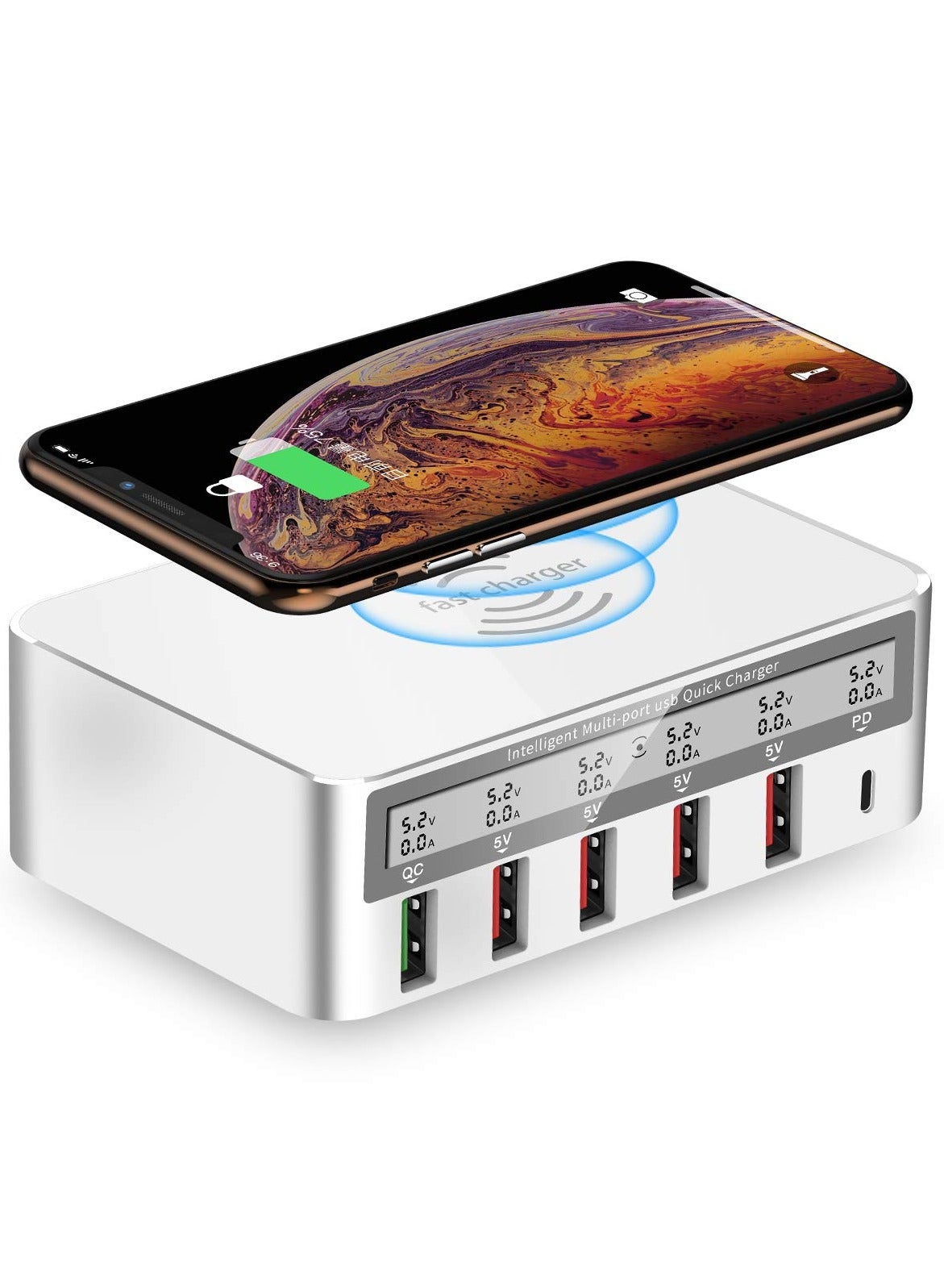 USB Station With Voltage Display, 100W 6-Port USB Fast Char-ger with QC 3.0 & PD, Compatible with Apple & Other Brand Cell Phones & USB Device