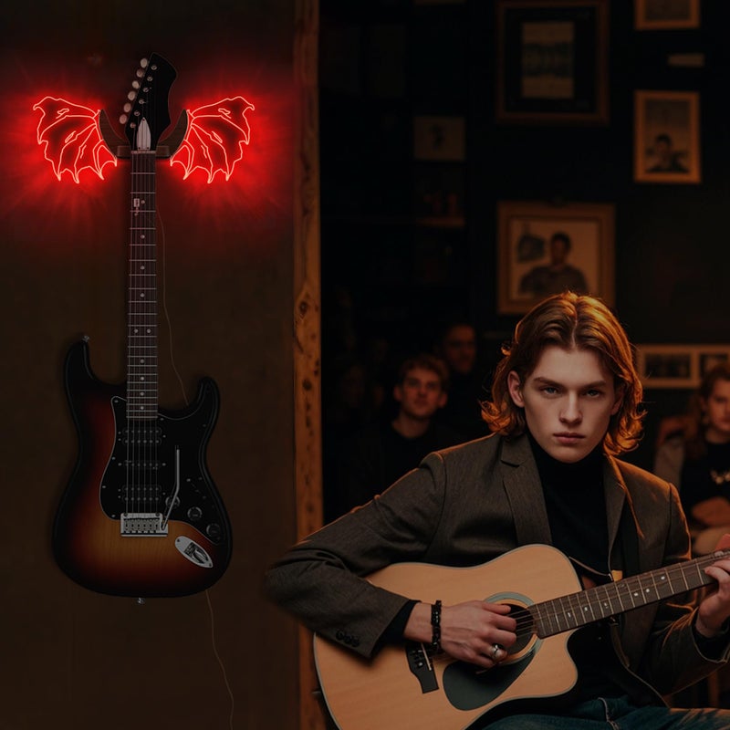 CoolGift Mart Guitar Stand Wall Mount with Luminous Devil Wings, Acrylic Wooden Guitar Hanger Shelf with USB Powered, for Acoustic Electric Bass Ukulele, Gift for Music Lovers Guitar Players - Image 2