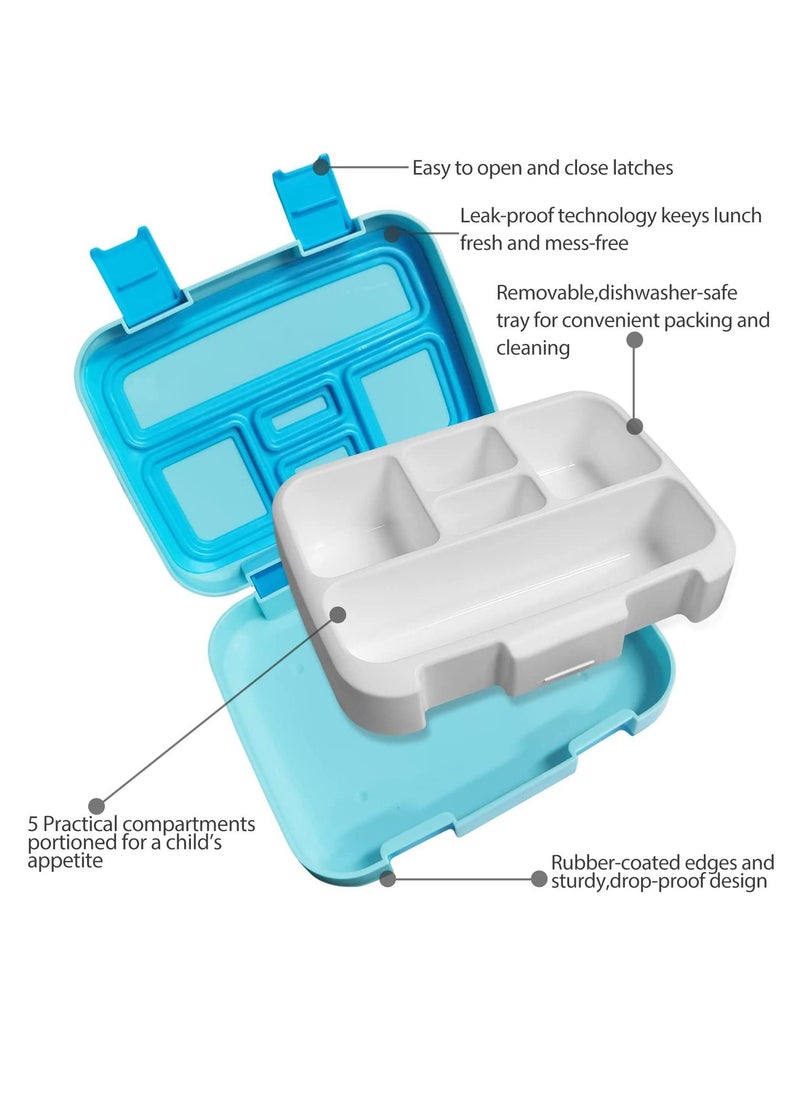 Arabest - Bento Boxes with 5 Compartments, Robust Snack Box, 800 ML Bento Lunch Box With Spoon. BPA-Free Lunch Box, Suitable for Microwave and Dishwasher (Blue) - Image 1