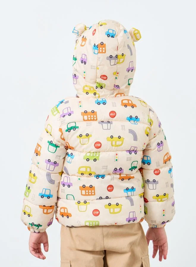 Styli Styli Boys Cream Graphic Puffer Jacket with Hood