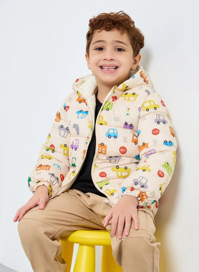 ستايلي جاكيت بفرو داخلي بطبعة كاملة وغطاء رأس