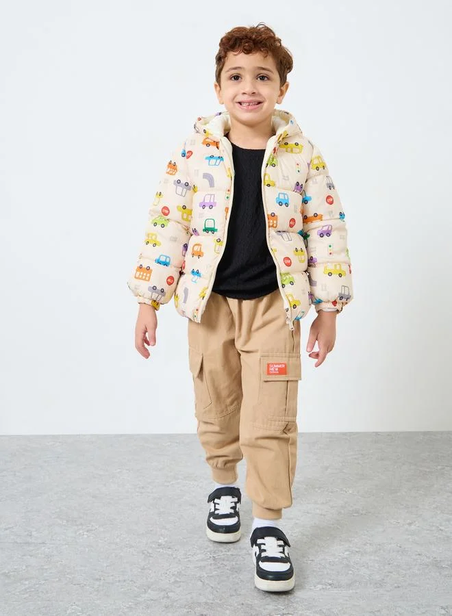 ستايلي جاكيت بفرو داخلي بطبعة كاملة وغطاء رأس