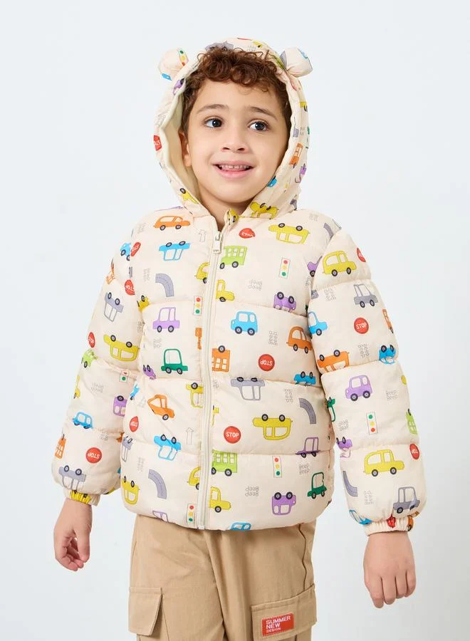 Styli Styli Boys Cream Graphic Puffer Jacket with Hood