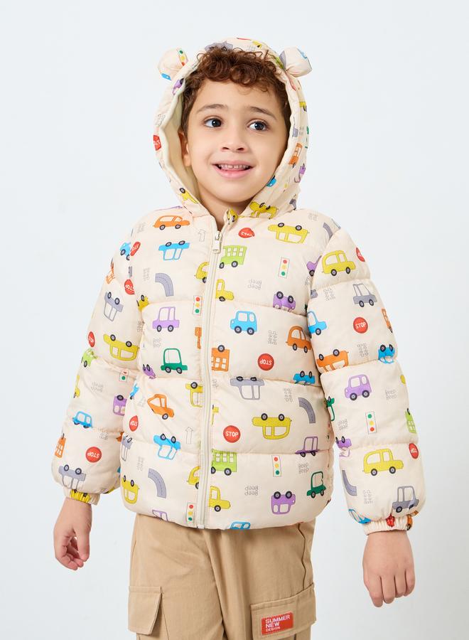 ستايلي جاكيت بفرو داخلي بطبعة كاملة وغطاء رأس - Image 3