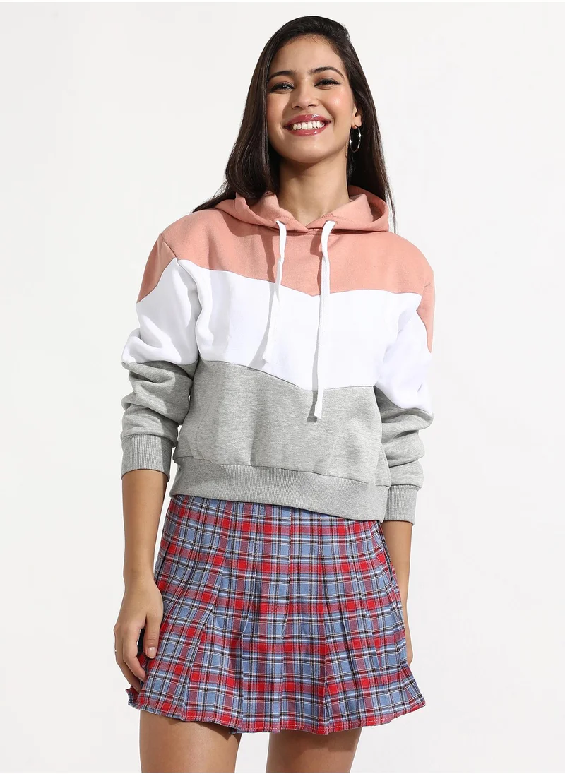 Campus Sutra Women's Multicolour Pullover Hoodie With Contrast Panels