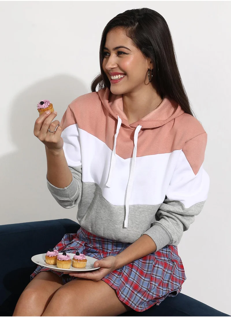 Campus Sutra Women's Multicolour Pullover Hoodie With Contrast Panels