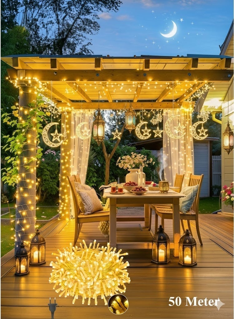 مودي سلسلة أضواء خرافية LED بطول 50 مترًا لرمضان - 320 مصباح LED أبيض دافئ على سلك شفاف، 8 أوضاع إضاءة، مقاومة للماء بمعيار IP44، مثالية لتزيين أعياد الميلاد، وديوالي، وحفلات الزفاف في الهواء الطلق، والمنازل، والشرفات، والستائر، والتخييم. - Image 4