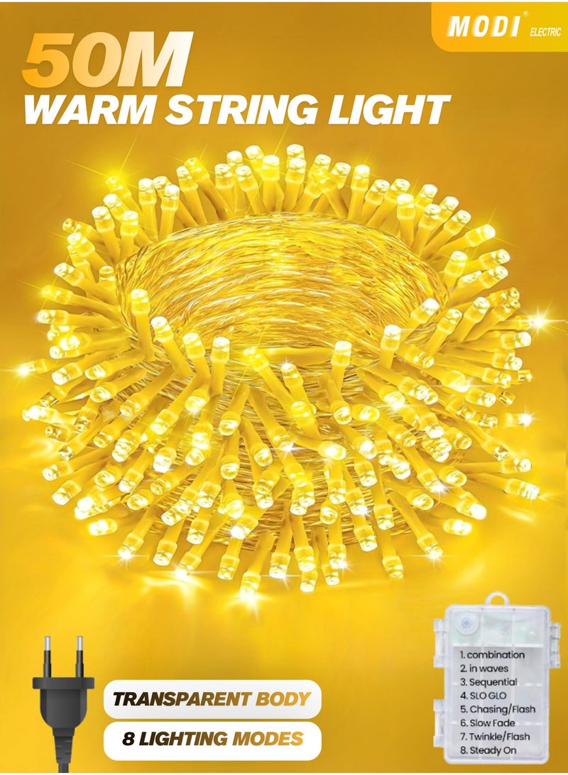 MODI 50Meter LED String Fairy Ramadan Lights – 320 LEDs Warm White on Clear Wire, 8 Modes, IP44 Waterproof Fairy Lights for Christmas, Diwali, Outdoor Wedding, Home, Balcony, Curtain & Camping Decorations - Image 1