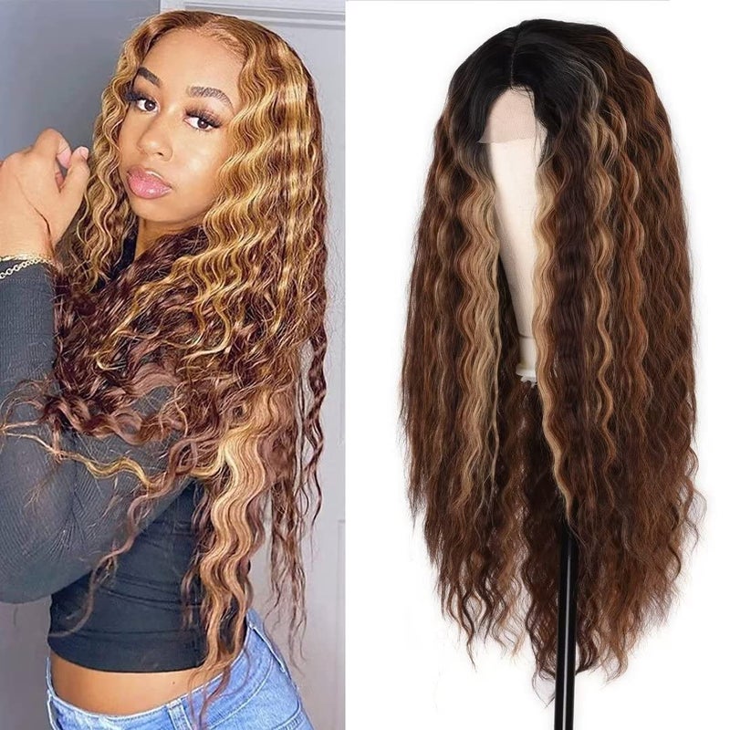 FEEL ME 28 Deep Wave Frontal Wig Long Synthetic Curly Wig Ombre Highlight Lace Front Wig for Women with Simulated Scalp Honey Blonde Loose Deep Curly Lace Wigs Middle Part for Daily Use R66A27S