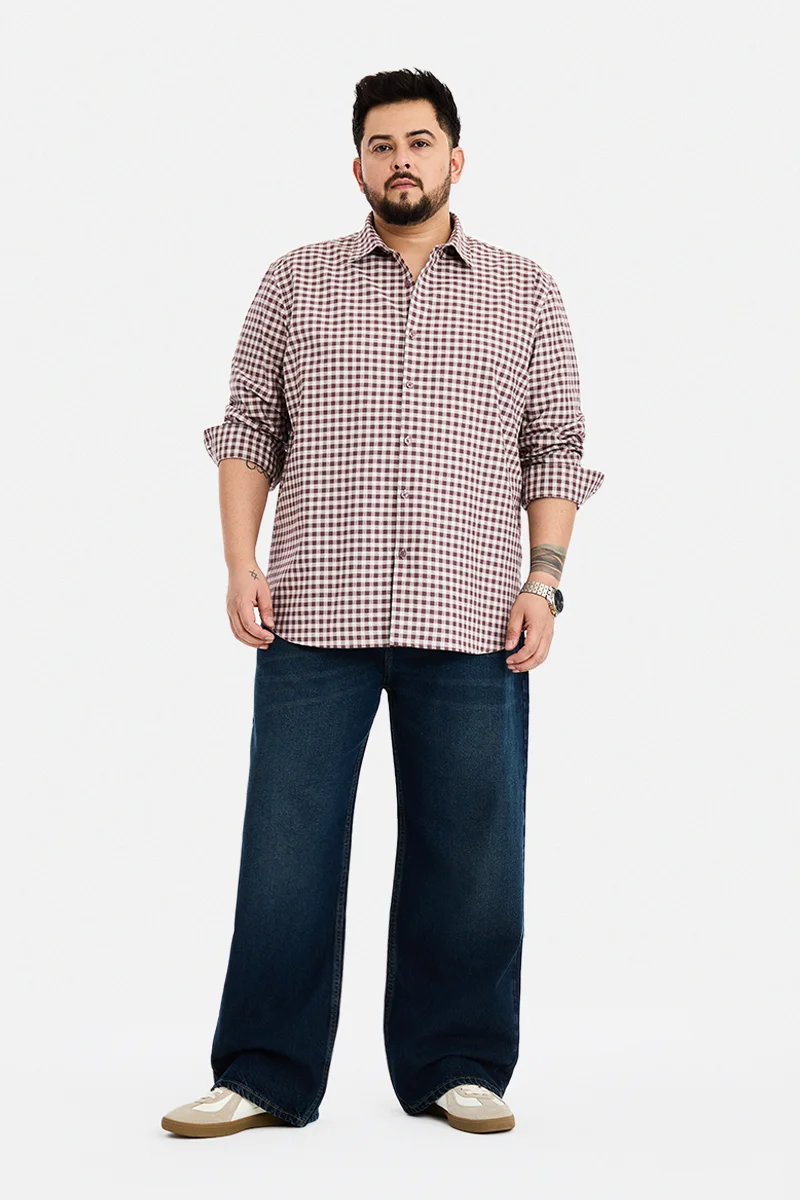 سنيتش Wine Checkered Long Sleeve Regular Fit Plus Size Shirt