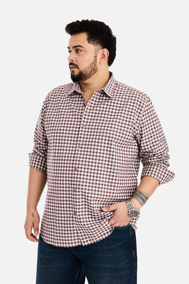 سنيتش Wine Checkered Long Sleeve Regular Fit Plus Size Shirt