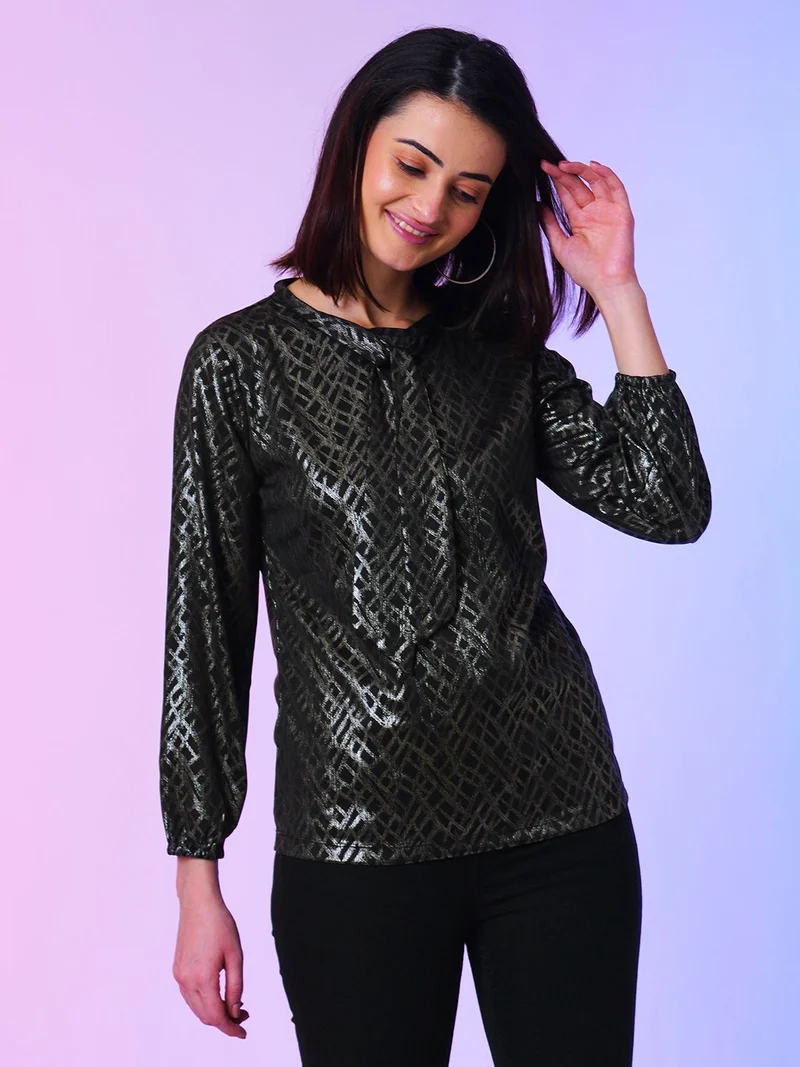 globus Globus Women Tie Up Neck Cuffed Sleeves Geometric Print Regular Party Top