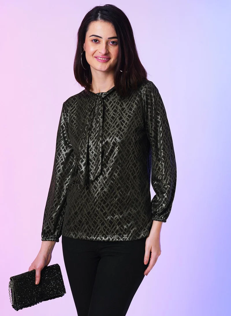 globus Globus Women Tie Up Neck Cuffed Sleeves Geometric Print Regular Party Top