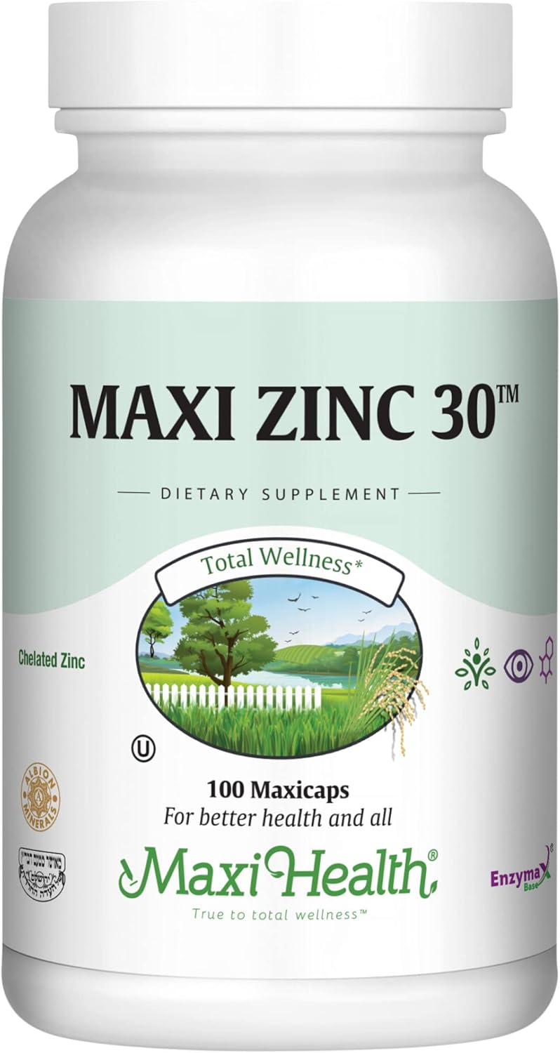 Maxi Health Zinc 30  Zinc Vitamin with Enzymax for Enhanced Absorption  Highest Potency Immune Support  Glycinate Chelated Zinc Supplements for Adults  Zink Vitaminas  Kosher Made in USA  100 Count Capsules - Image 1