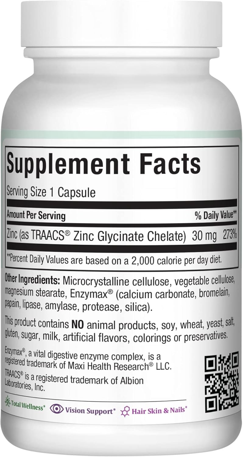 Maxi Health Zinc 30  Zinc Vitamin with Enzymax for Enhanced Absorption  Highest Potency Immune Support  Glycinate Chelated Zinc Supplements for Adults  Zink Vitaminas  Kosher Made in USA  100 Count Capsules - Image 2