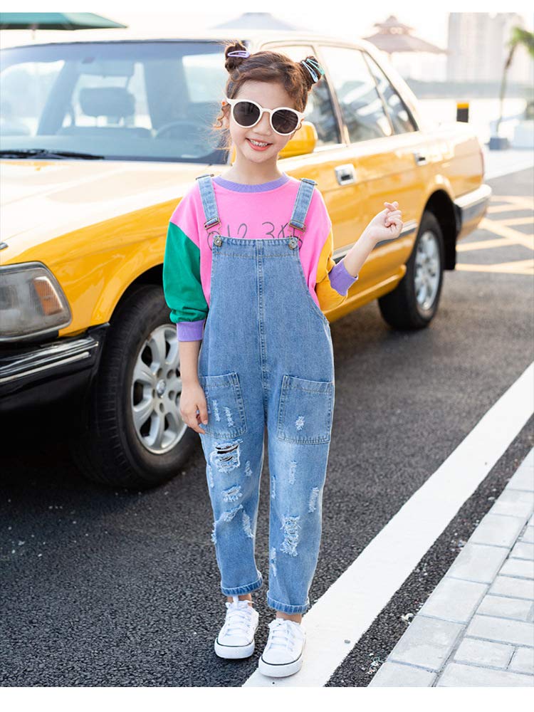 Yao 3-12Years Girls Jumpsuit&Rompers Big Kid Bib Overalls Blue Adjustable Belts Denim Pants(Basic,11-12Y) - Image 2