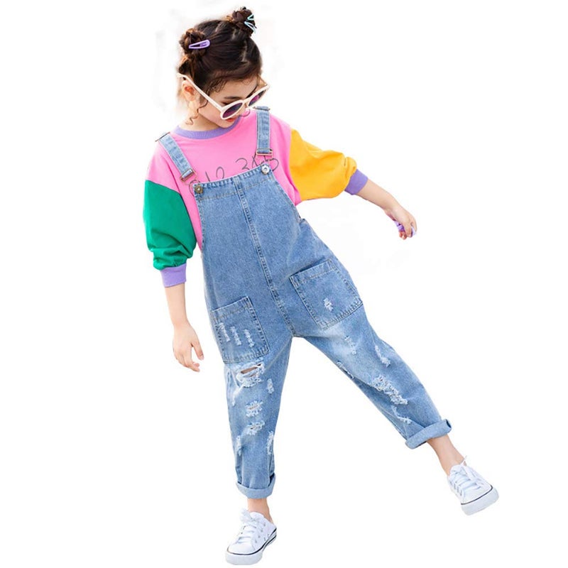 Yao 3-12Years Girls Jumpsuit&Rompers Big Kid Bib Overalls Blue Adjustable Belts Denim Pants(Basic,11-12Y) - Image 1