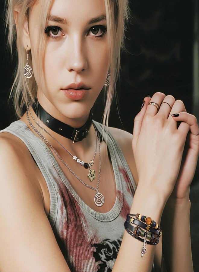 Fscwlmon 3 Pcs Multilayer Y2k Star Fairy Grunge Jewelry Set for Women Layered Grunge Music Bracelets Y2K Star Stone Swirl Choker Gothic Punk Guitar Necklaces Earrings Emo Alt Accessory Rock Outfits XX - Image 2
