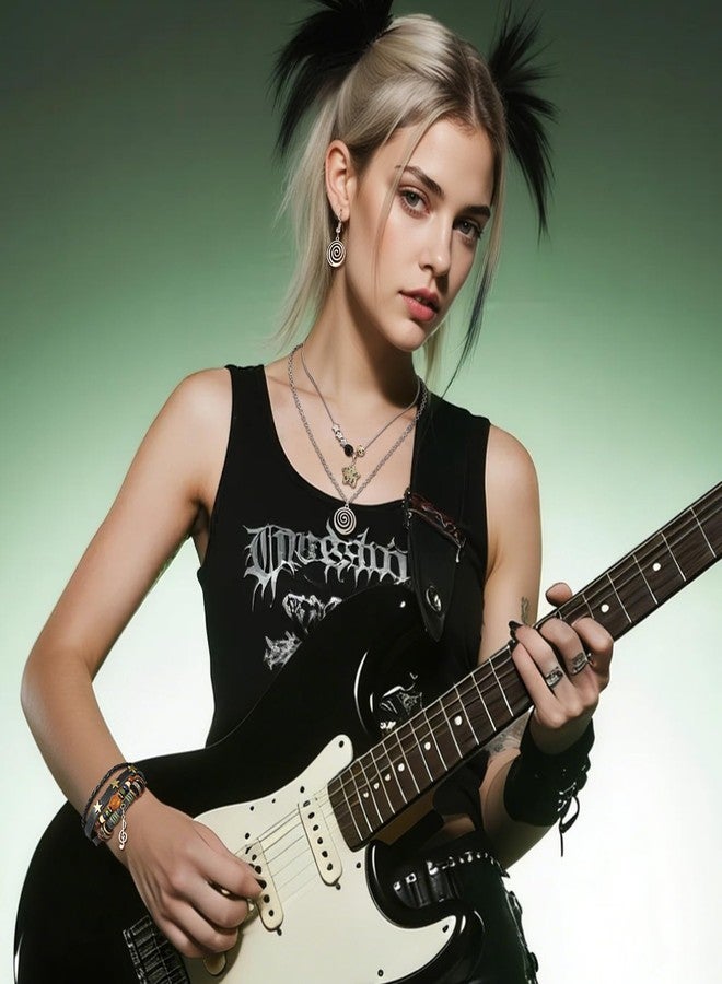 Fscwlmon 3 Pcs Multilayer Y2k Star Fairy Grunge Jewelry Set for Women Layered Grunge Music Bracelets Y2K Star Stone Swirl Choker Gothic Punk Guitar Necklaces Earrings Emo Alt Accessory Rock Outfits XX - Image 4