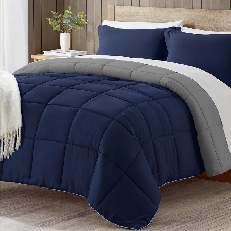 OSBED Premium Comforter Set with Cooling Bed Comforter & 2 Pillow Shams - Navy/Grey, 220 x 260cm - Image 1