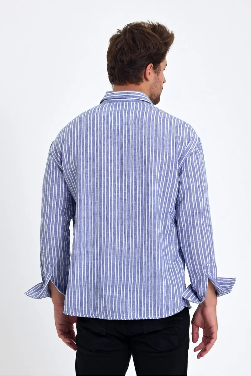 كوول تارز Cool Style Men's Classic Fit Regular Cut Long Sleeve Cotton Linen Texture Folded Sleeve Striped Shirt