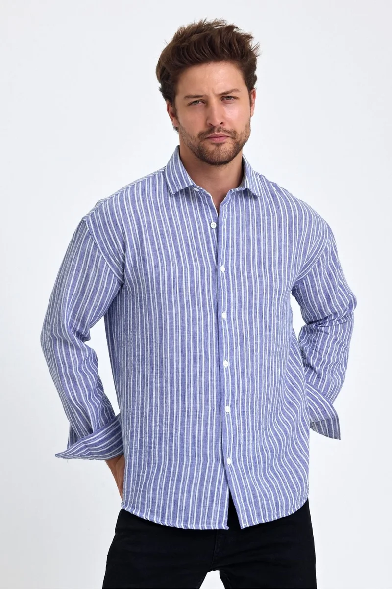 كوول تارز Cool Style Men's Classic Fit Regular Cut Long Sleeve Cotton Linen Texture Folded Sleeve Striped Shirt
