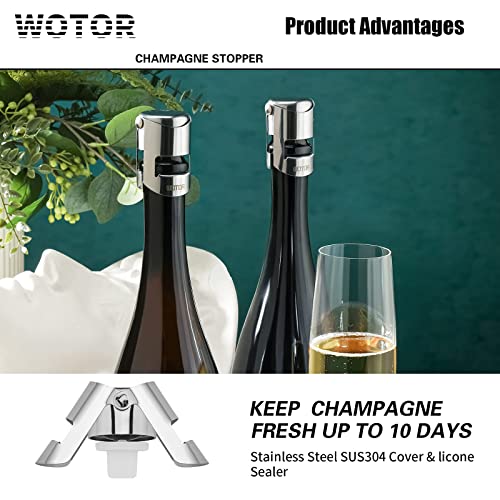 WOTOR Champagne Stoppers Stainless Steel, Prosecco Bottle Stopper with Food Grade Silicone, Reusable Champagne Cork & Saver, Leak proof Keep Fresh (Silver, 2 Pack) - Image 2