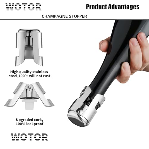 WOTOR Champagne Stoppers Stainless Steel, Prosecco Bottle Stopper with Food Grade Silicone, Reusable Champagne Cork & Saver, Leak proof Keep Fresh (Silver, 2 Pack) - Image 3