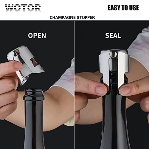 WOTOR Champagne Stoppers Stainless Steel, Prosecco Bottle Stopper with Food Grade Silicone, Reusable Champagne Cork & Saver, Leak proof Keep Fresh (Silver, 2 Pack) - Image 4