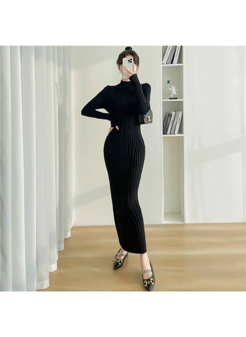Generic Long Knit Dress Womens Autumn/Winter Tight Fitting Base Layer Top Half Polo/Turtle Neck Inner Knit Sweater Over Knee Long Dress Purple  - Image 2