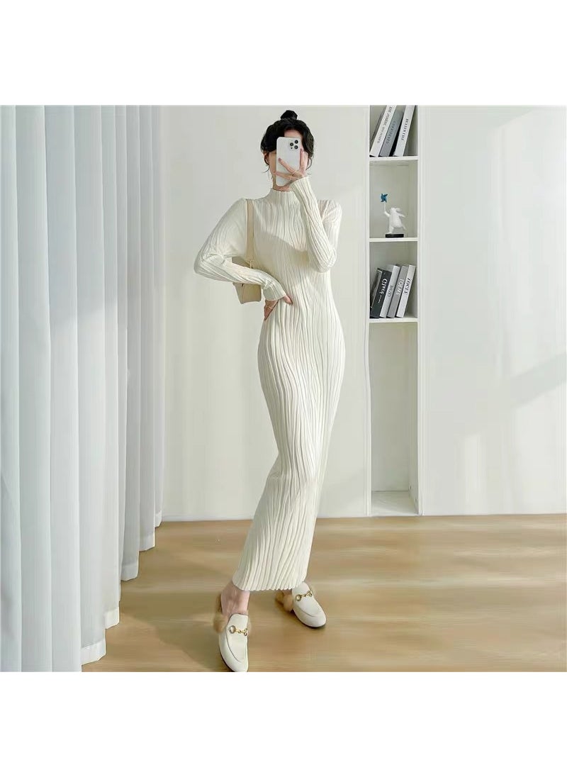 Generic Long Knit Dress Womens Autumn/Winter Tight Fitting Base Layer Top Half Polo/Turtle Neck Inner Knit Sweater Over Knee Long Dress Purple  - Image 3