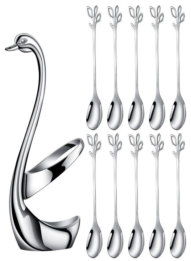 AnSaw Silver Small Coffee Spoon Holder Set,Swan Base With 10 Pcs Demitasse Espresso Spoons Set,4.7" Mini Leaf Dessert Spoon,Stainless Steel Tea Spoons - Image 1