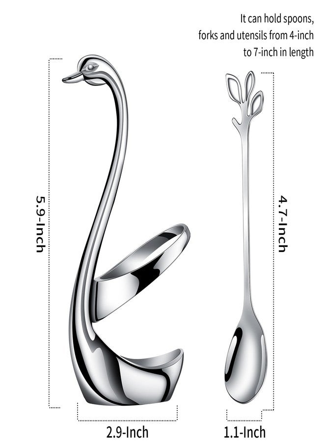 AnSaw Silver Small Coffee Spoon Holder Set,Swan Base With 10 Pcs Demitasse Espresso Spoons Set,4.7" Mini Leaf Dessert Spoon,Stainless Steel Tea Spoons - Image 2