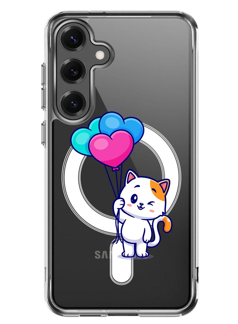 Theodor Magnetic Case for Samsung Galaxy S25 Plus 6.7-inch Compatible with MagSafe Wireless Charging, Shockproof Phone Bumper Cover Cat holding Baloons - Image 1