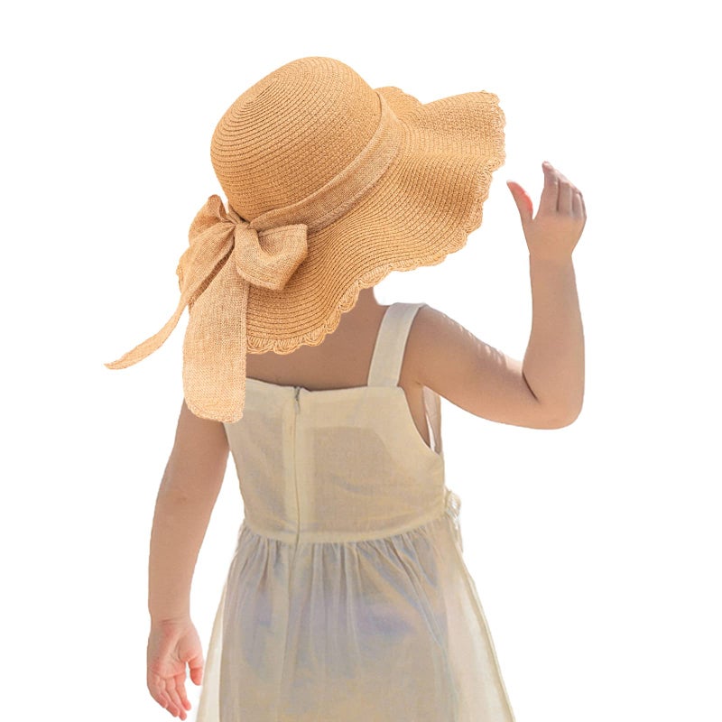 Kunyeah Kids Girl Summer Straw Hat Foldable Wide Brim Cap Sun Visor Hats Sun Protection Beach Straw Hats Bowknot Floppy Cap for Travel Holiday (Khaki) - Image 1