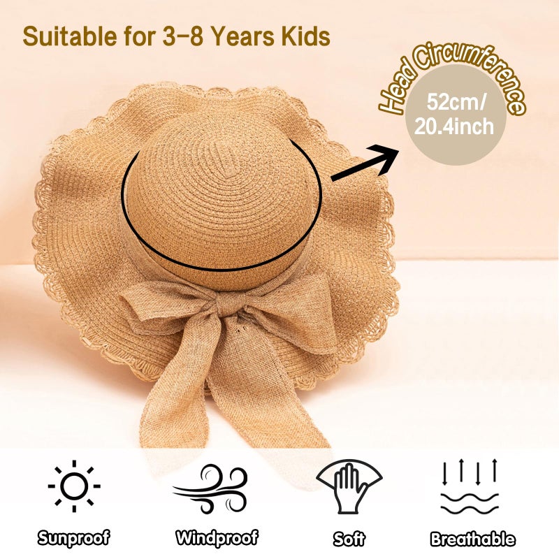 Kunyeah Kids Girl Summer Straw Hat Foldable Wide Brim Cap Sun Visor Hats Sun Protection Beach Straw Hats Bowknot Floppy Cap for Travel Holiday (Khaki) - Image 5