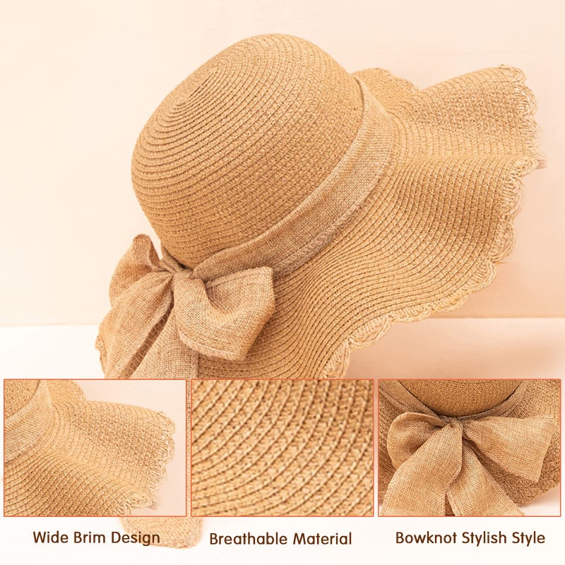 Kunyeah Kids Girl Summer Straw Hat Foldable Wide Brim Cap Sun Visor Hats Sun Protection Beach Straw Hats Bowknot Floppy Cap for Travel Holiday (Khaki) - Image 4