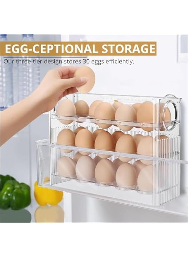 TRASSLE Flippable Egg Fridge Organizer - Slim Egg Holder for Refrigerator Door 30-Egg Capacity Clear Egg Saver for Fridge 3-Layer Egg Storage Container for Refrigerator with Freshness Tracker  - Image 2