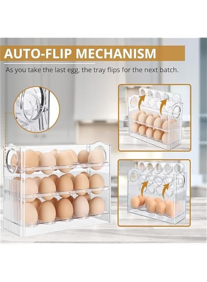 TRASSLE Flippable Egg Fridge Organizer - Slim Egg Holder for Refrigerator Door 30-Egg Capacity Clear Egg Saver for Fridge 3-Layer Egg Storage Container for Refrigerator with Freshness Tracker  - Image 4