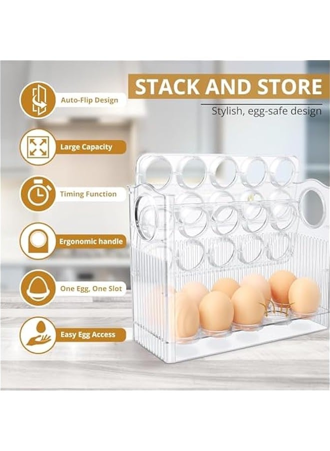 TRASSLE Flippable Egg Fridge Organizer - Slim Egg Holder for Refrigerator Door 30-Egg Capacity Clear Egg Saver for Fridge 3-Layer Egg Storage Container for Refrigerator with Freshness Tracker  - Image 5