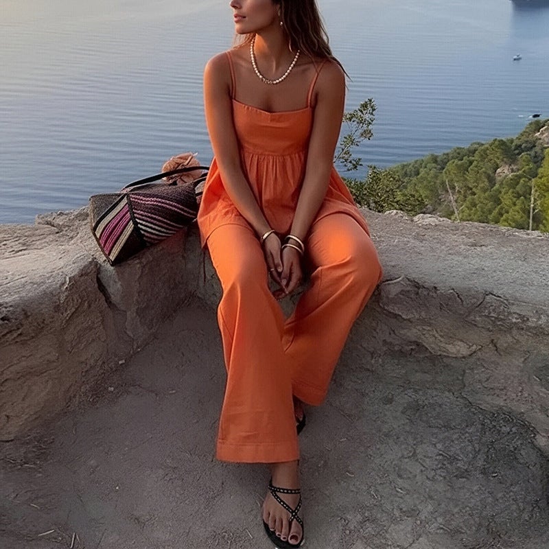 Women's Fashion Casual Solid Color Camisole Top and Straight-Leg Pants Fashion Set - Image 3