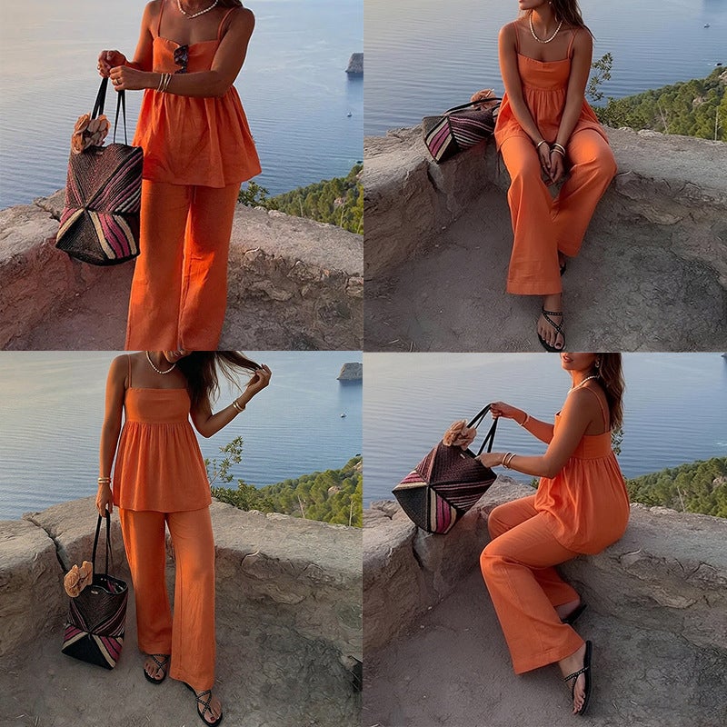 Women's Fashion Casual Solid Color Camisole Top and Straight-Leg Pants Fashion Set - Image 1