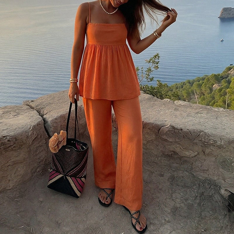 Women's Fashion Casual Solid Color Camisole Top and Straight-Leg Pants Fashion Set - Image 2