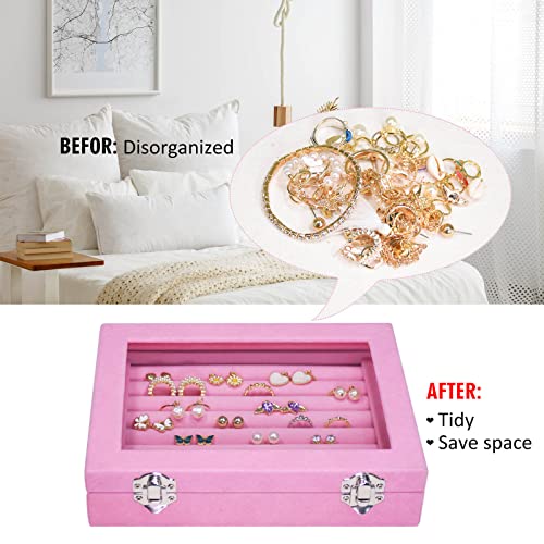 Vicoter Rings Organizer Tray 7 Slots Velvet Jewelry Earring Storage Box with Transparent lid Jewelry Display Case for Girls Wife Mom Women (Pink) - Image 5