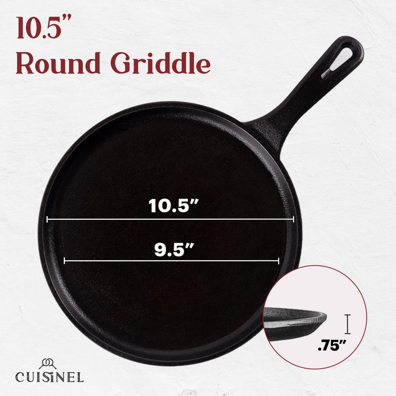 Cuisinel Cast Iron Round Griddle - 10.5â€-Inch Crepe Maker Pan + Silicone Handle Cover - Pre-Seasoned Comal for Tortillas Flat Skillet - Dosa Tawa Roti Grill - Oven, Stovetop, BBQ, Fire, Smoker, Induction Safe - Image 3
