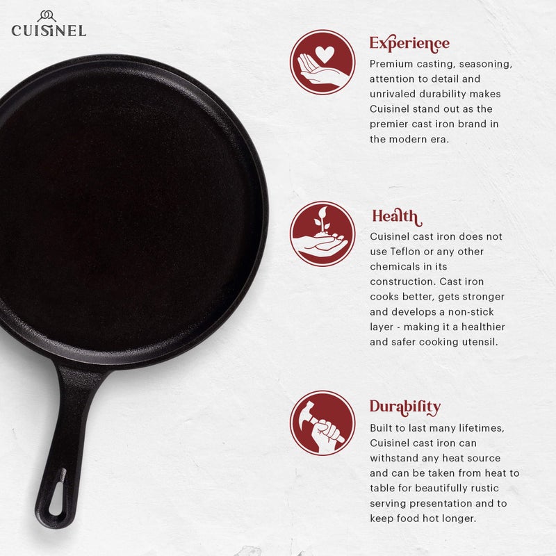 Cuisinel Cast Iron Round Griddle - 10.5â€-Inch Crepe Maker Pan + Silicone Handle Cover - Pre-Seasoned Comal for Tortillas Flat Skillet - Dosa Tawa Roti Grill - Oven, Stovetop, BBQ, Fire, Smoker, Induction Safe - Image 2