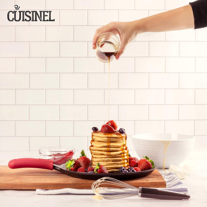 Cuisinel Cast Iron Round Griddle - 10.5â€-Inch Crepe Maker Pan + Silicone Handle Cover - Pre-Seasoned Comal for Tortillas Flat Skillet - Dosa Tawa Roti Grill - Oven, Stovetop, BBQ, Fire, Smoker, Induction Safe - Image 4