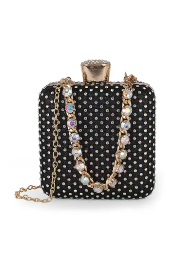 globus Globus Women Black Embellished Square Party Clutch With Thick Wrist Strap & Detachable Chain Strap