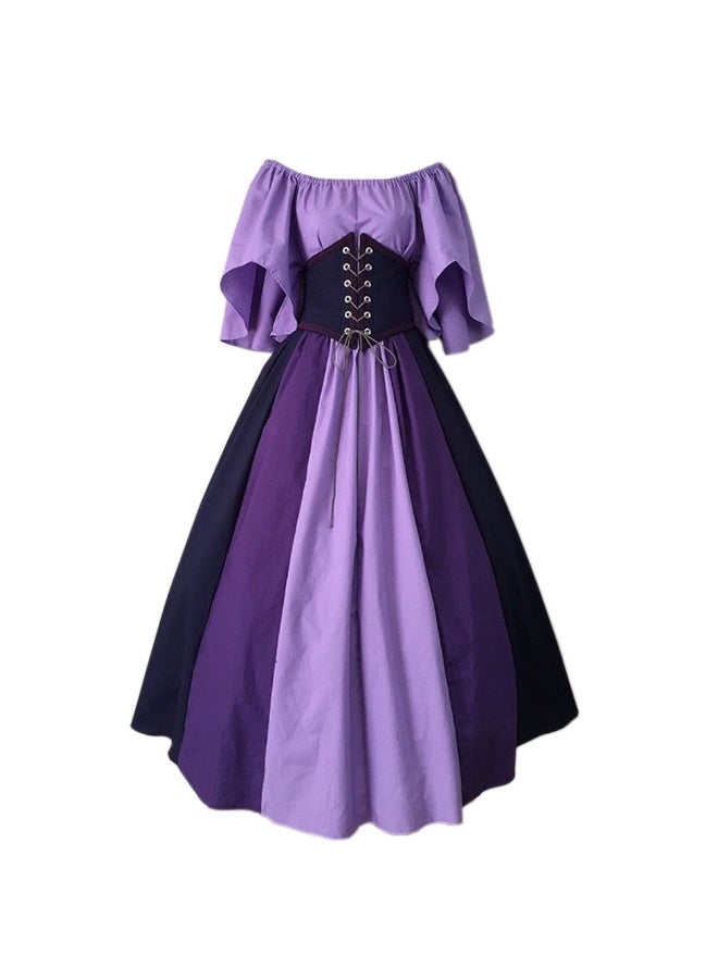 NIBEMINENT Retro color-blocking patchwork flying sleeves, lace-up, cinched waist, large swing dress, performance outfit - Image 1